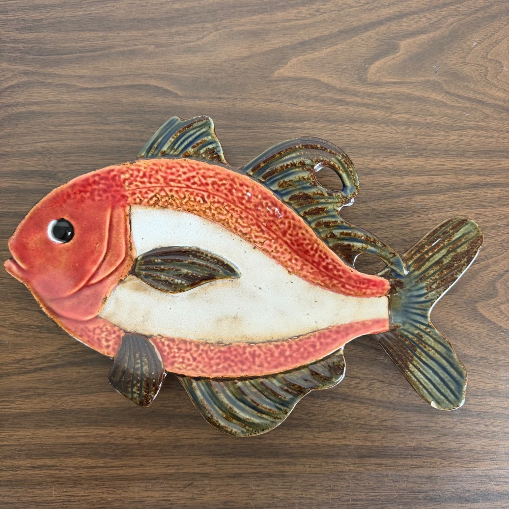 Pier 1 Imports Hand Painted Porcelain Fish Sushi Platter Red Brown Nautical READ